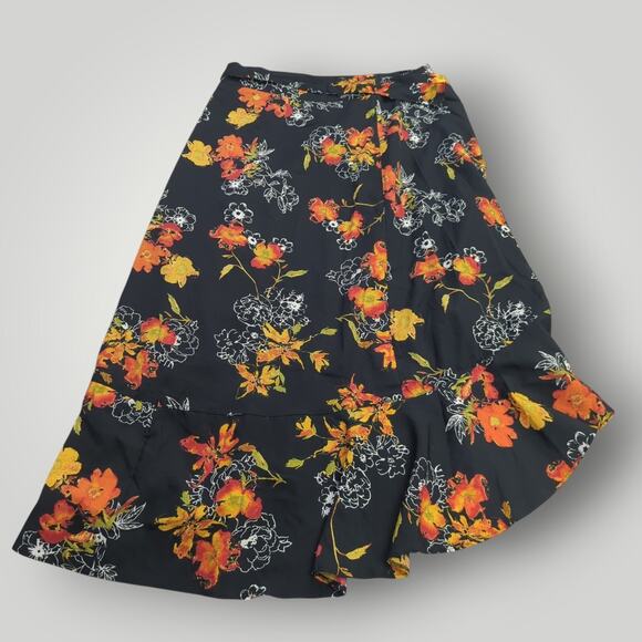 Chances R Dresses & Skirts - Chances R Women’s M Asymmetric Ruffle Midi Skirt Black w/ Orange & Yellow Floral